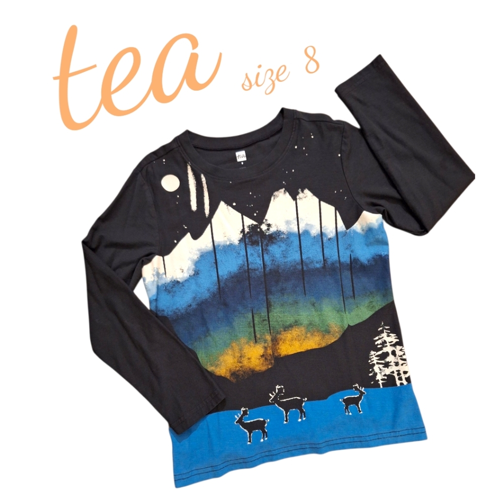 Boys Tea Collection Long Sleeve Mountain Print Shirt - Black and Blue Size 8 - Picture 1 of 6